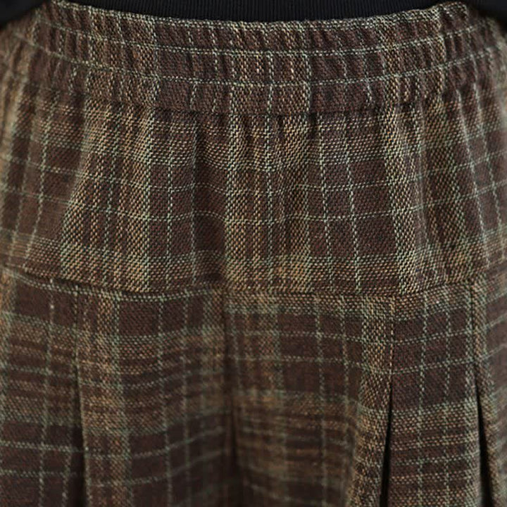 Buddha Stones Fall Winter Vintage Elastic Waist Plaid Cropped Pants Women's Straight Leg Pants With Pocket - image 7