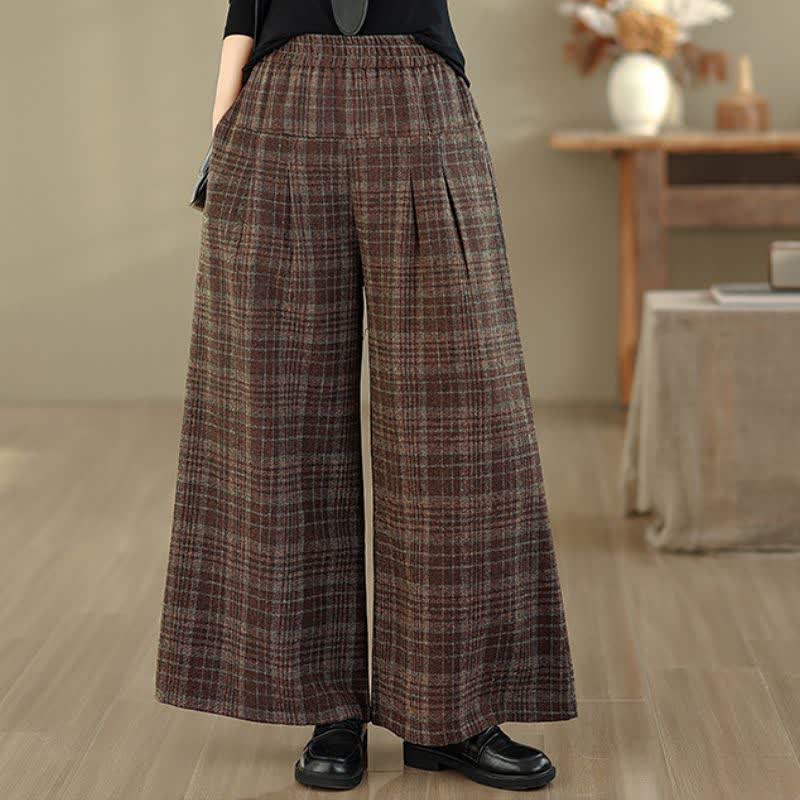 Buddha Stones Fall Winter Vintage Elastic Waist Plaid Cropped Pants Women's Straight Leg Pants With Pocket - image 1