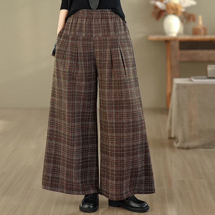 Buddha Stones Fall Winter Vintage Elastic Waist Plaid Cropped Pants Women's Straight Leg Pants With Pocket - image 1