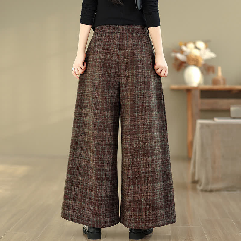 Buddha Stones Fall Winter Vintage Elastic Waist Plaid Cropped Pants Women's Straight Leg Pants With Pocket - image 4