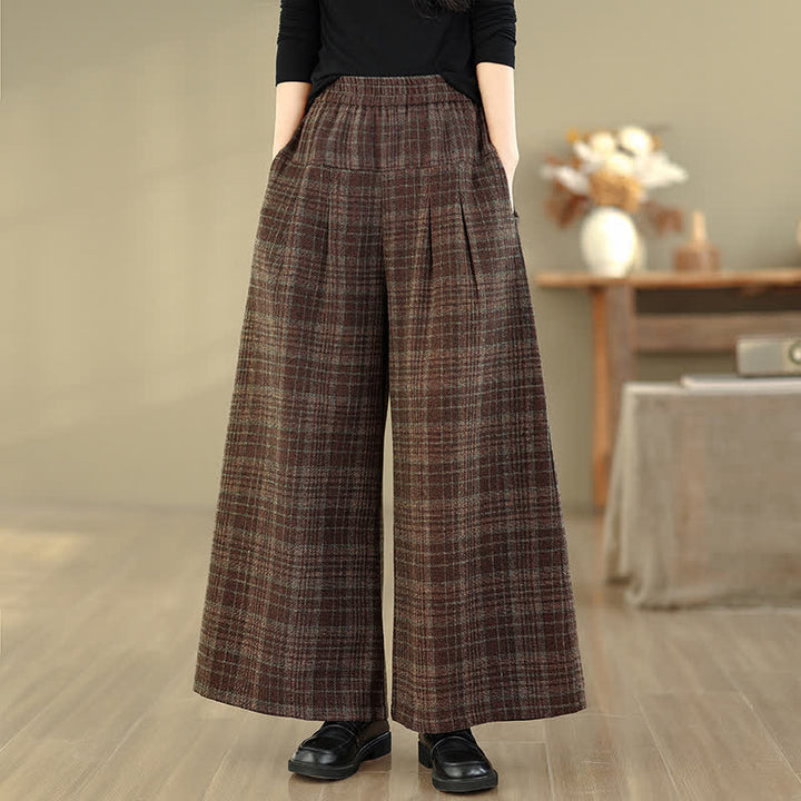 Buddha Stones Fall Winter Vintage Elastic Waist Plaid Cropped Pants Women's Straight Leg Pants With Pocket - image 3