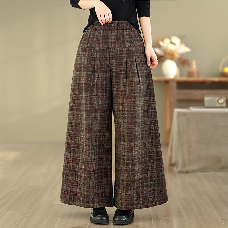 Buddha Stones Fall Winter Vintage Elastic Waist Plaid Cropped Pants Women's Straight Leg Pants With Pocket - SaddleBrown - US8-10, UK/AU12-14, EU40-42 (2XL) - image 0