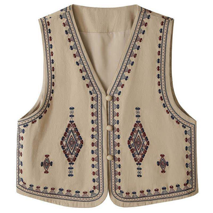 Buddha Stones Summer Boho Vintage Embroidery Geometric Tank Top Women's Sleeveless Shirts - Tan - US8-10, UK/AU12-14, EU40-42 (2XL) - image 0