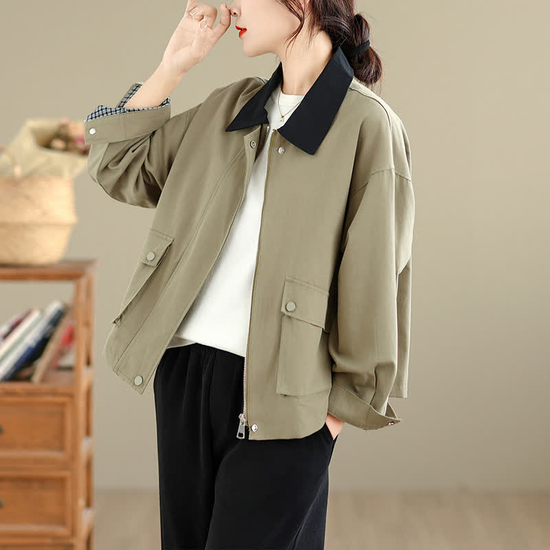 Buddha Stones Spring Fall Retro Minimalist Solid Women's Jacket With Pocket - DarkKhaki - US6, UK/AU10, EU38 (XL) - image 1