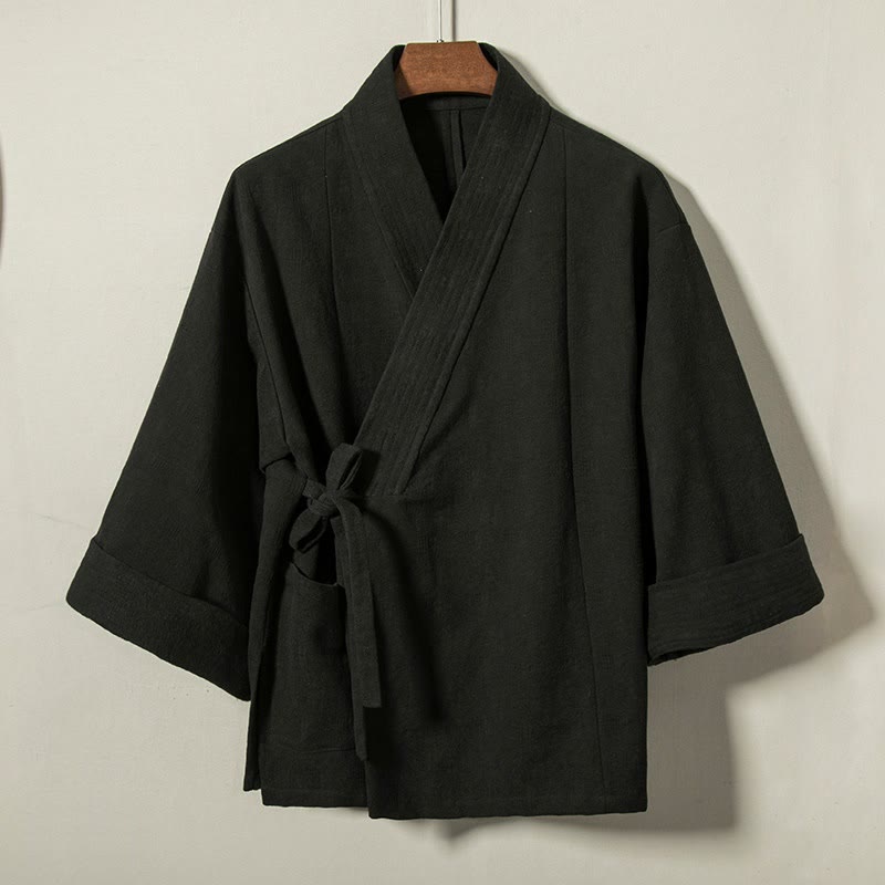 Buddha Stones Fall Winter Minimalist Drawstring V-Neck Lace-up Solid Cotton Men's Kimono - Black - US/UK/AU44，EU54 (4XL) - image 8