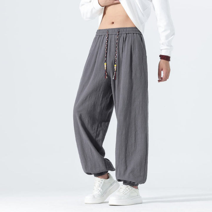 Buddha Stones Spring Summer Casual Minimalist Drawstring Solid Cotton Ankle Pants Men's Tapered Pants With Pockets - image 25