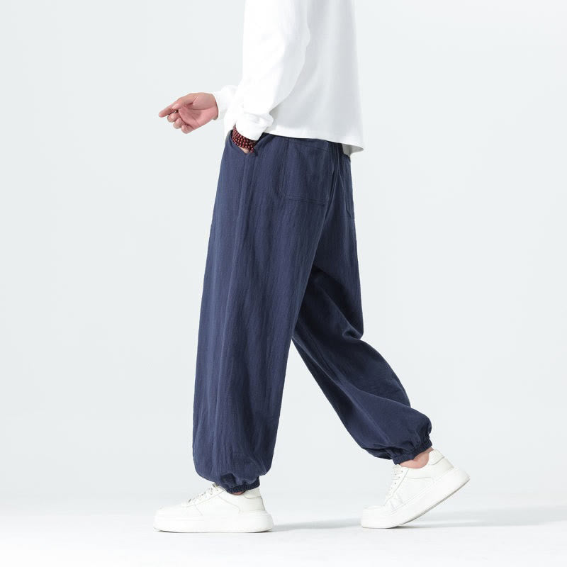 Buddha Stones Spring Summer Casual Minimalist Drawstring Solid Cotton Ankle Pants Men's Tapered Pants With Pockets - image 4