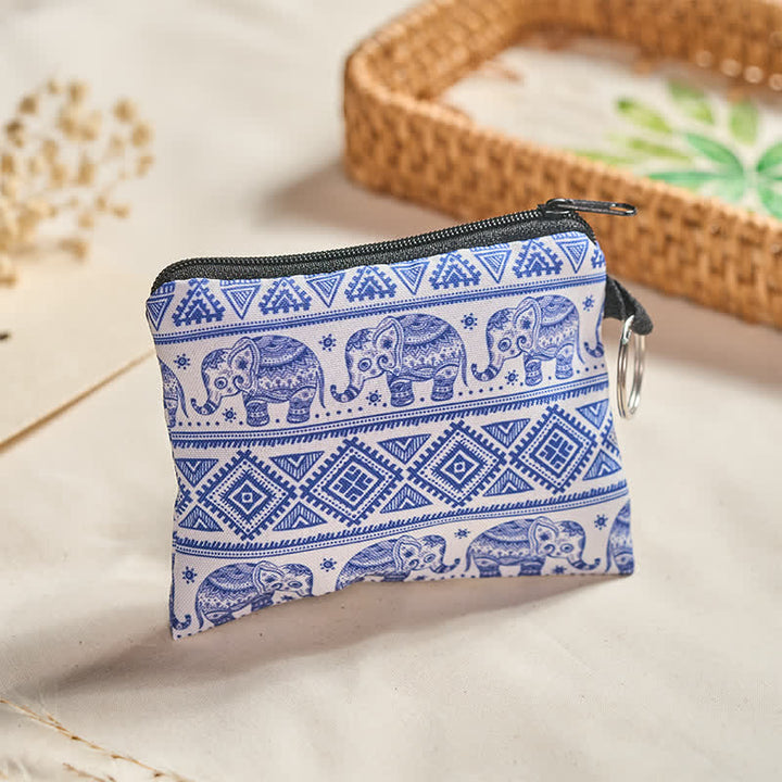 Buddha Stones Blue White Elephant Luck Bohemian Zip Purse - Elephant Print (Approx. 11.3 cm × 9.3 cm) - image 0