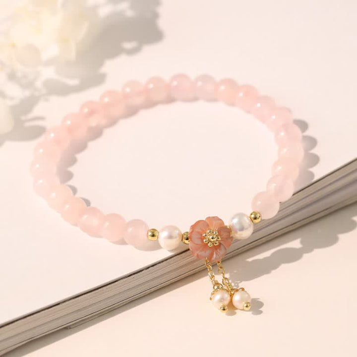 Buddha Stones Rose Quartz Pearl Flower Charm Love Bracelet - image 2