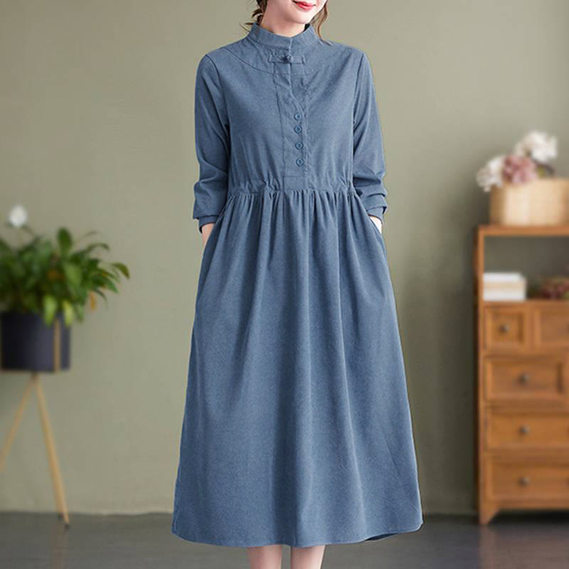 Buddha Stones Fall Winter Tang Style Vintage Mandarin Collar Solid Corduroy Women's Long Sleeve Dress With Pocket - image 1