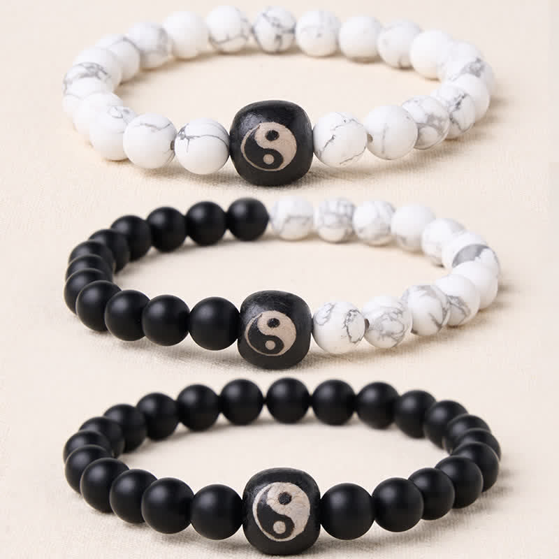 Buddha Stones Black Onyx White Turquoise Yin Yang Balance Round Bead Bracelet - image 0