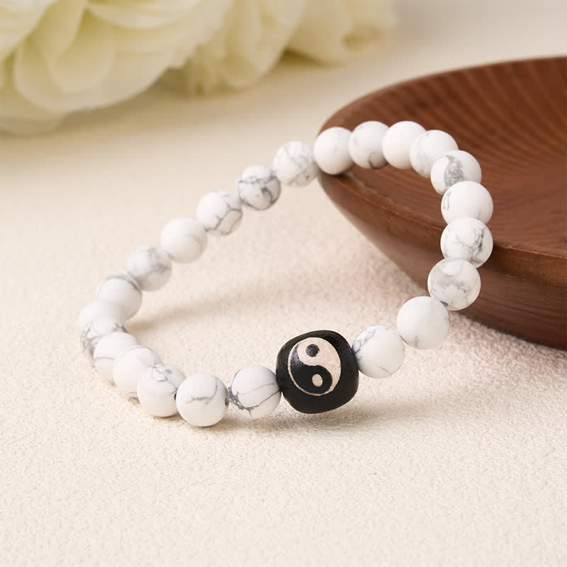 Buddha Stones Black Onyx White Turquoise Yin Yang Balance Round Bead Bracelet - image 2