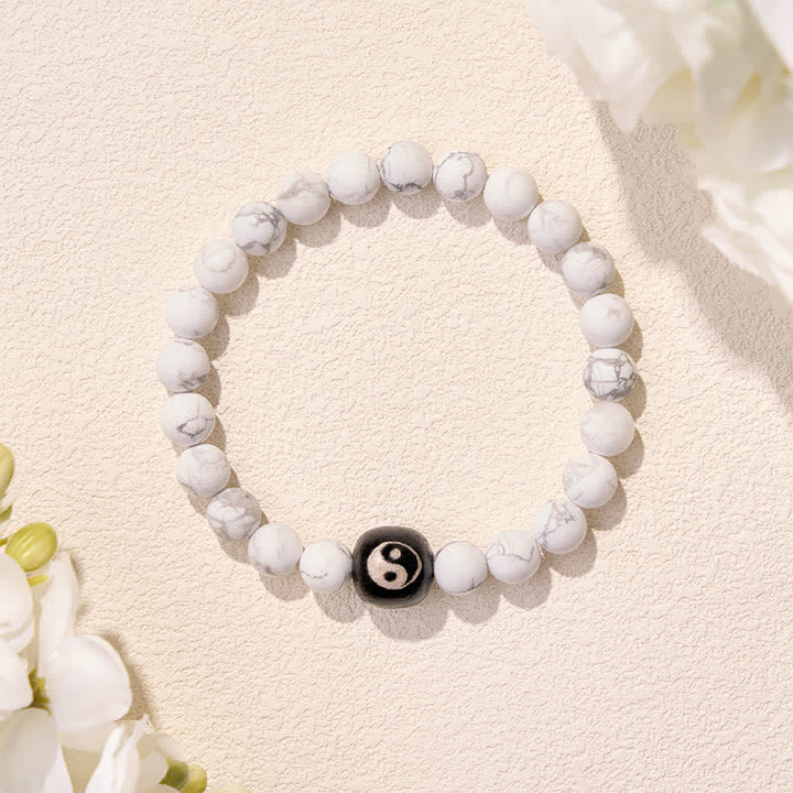 Buddha Stones Black Onyx White Turquoise Yin Yang Balance Round Bead Bracelet - image 4