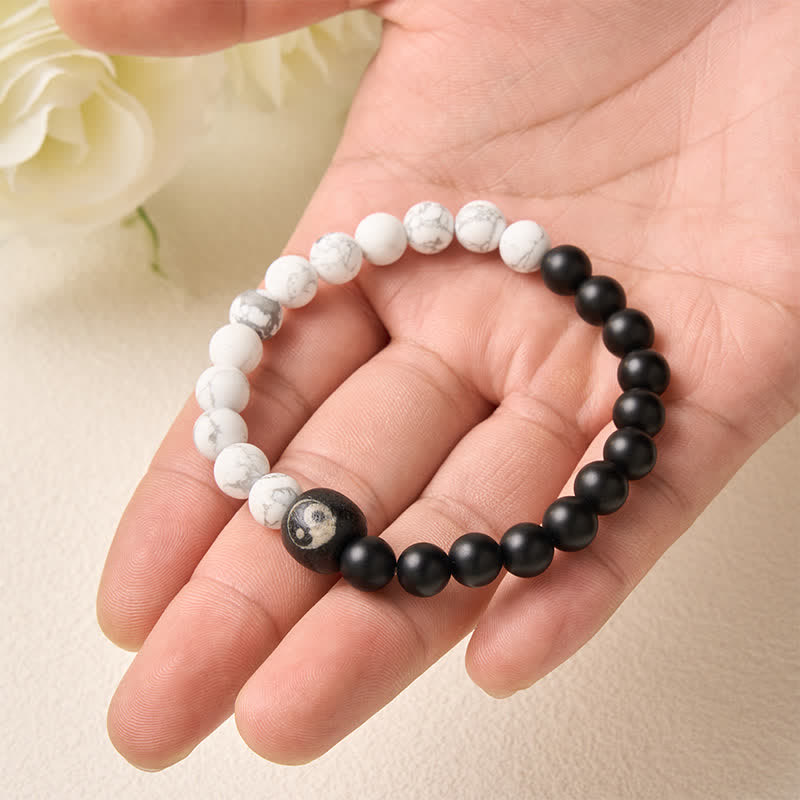 Buddha Stones Black Onyx White Turquoise Yin Yang Balance Round Bead Bracelet - image 14