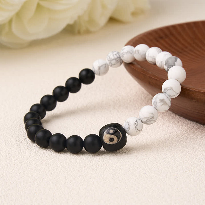 Buddha Stones Black Onyx White Turquoise Yin Yang Balance Round Bead Bracelet - image 11