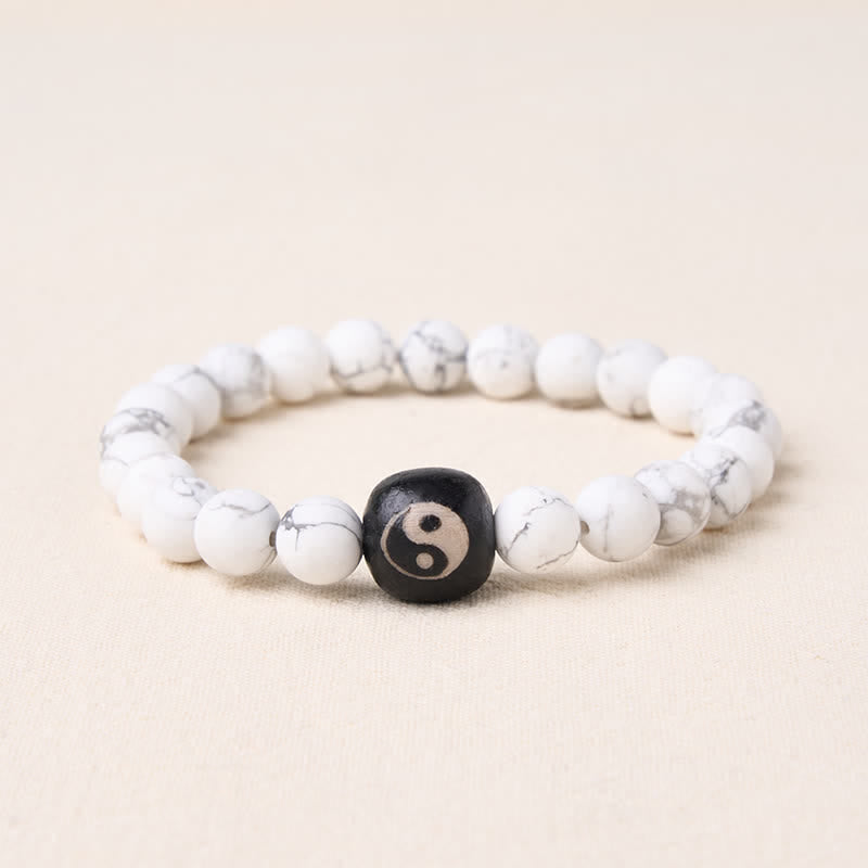 Buddha Stones Black Onyx White Turquoise Yin Yang Balance Round Bead Bracelet - White Turquoise - 5.9–6.3 in (15–16 cm) - image 1