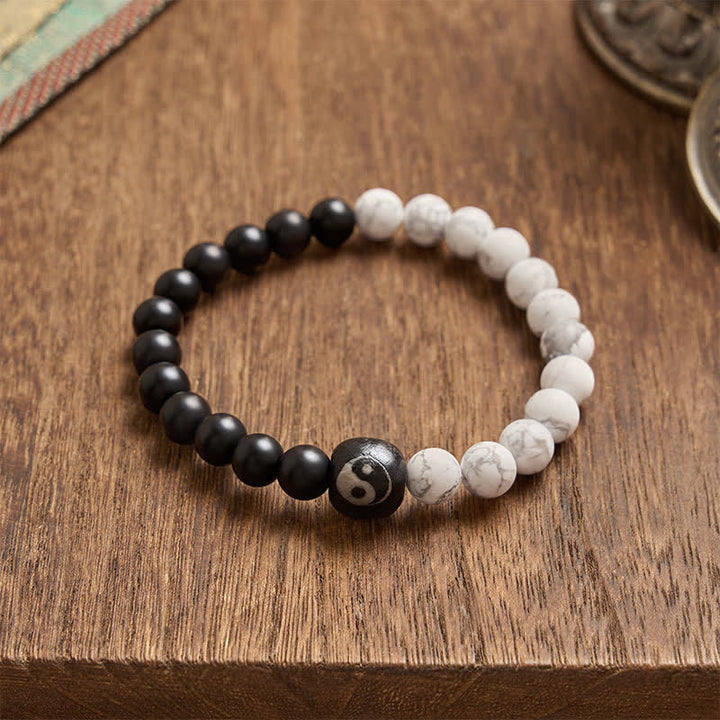 Buddha Stones Black Onyx White Turquoise Yin Yang Balance Round Bead Bracelet - image 12