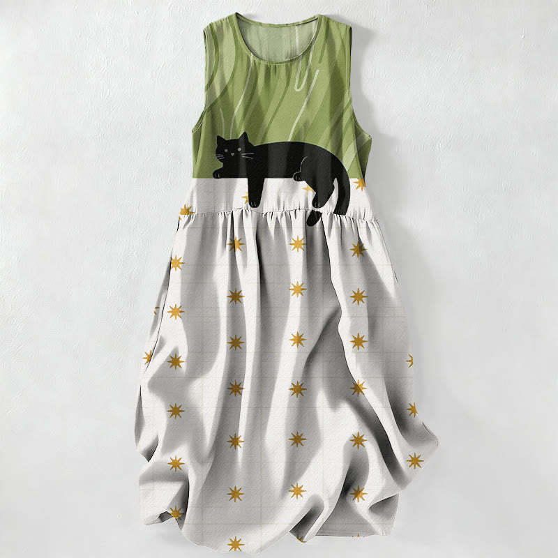 Buddha Stones Summer Casual Black Cat Stars Pattern Women's Summer Sleeveless Midi Dress With Pockets - YellowGreen - US16，UK/AU20，EU48 (3XL) - image 0