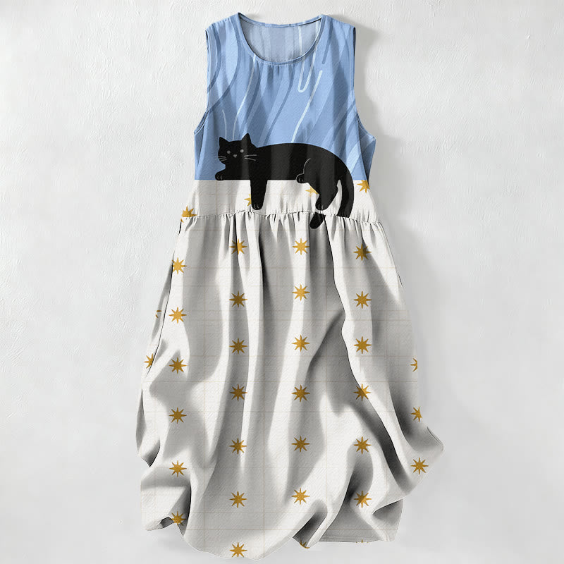 Buddha Stones Summer Casual Black Cat Stars Pattern Women's Summer Sleeveless Midi Dress With Pockets - LightSkyBlue - US16，UK/AU20，EU48 (3XL) - image 4