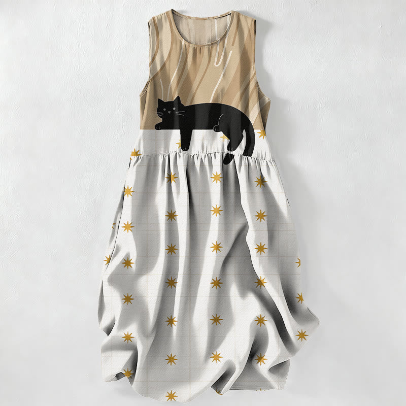 Buddha Stones Summer Casual Black Cat Stars Pattern Women's Summer Sleeveless Midi Dress With Pockets - Tan - US16，UK/AU20，EU48 (3XL) - image 5