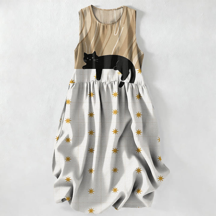 Buddha Stones Summer Casual Black Cat Stars Pattern Women's Summer Sleeveless Midi Dress With Pockets - Tan - US16，UK/AU20，EU48 (3XL) - image 5