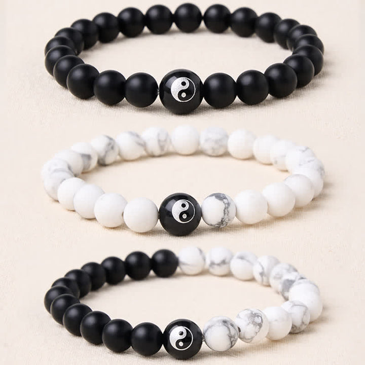 Buddha Stones Black Onyx White Turquoise Yin Yang Black Obsidian Round Bead Balance Bracelet - image 0