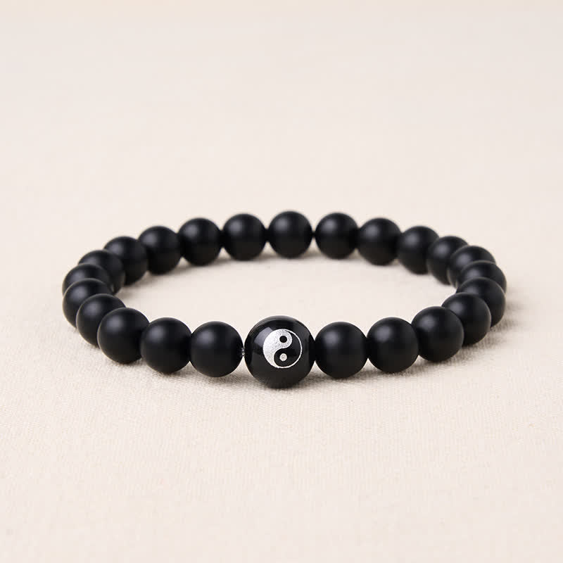 Buddha Stones Black Onyx White Turquoise Yin Yang Black Obsidian Round Bead Balance Bracelet - Black Onyx - 5.9–6.3 in (15–16 cm) - image 1