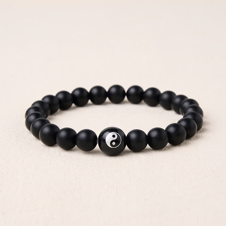 Buddha Stones Black Onyx White Turquoise Yin Yang Black Obsidian Round Bead Balance Bracelet - Black Onyx - 5.9–6.3 in (15–16 cm) - image 1