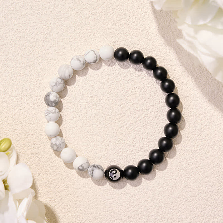 Buddha Stones Black Onyx White Turquoise Yin Yang Black Obsidian Round Bead Balance Bracelet - image 20