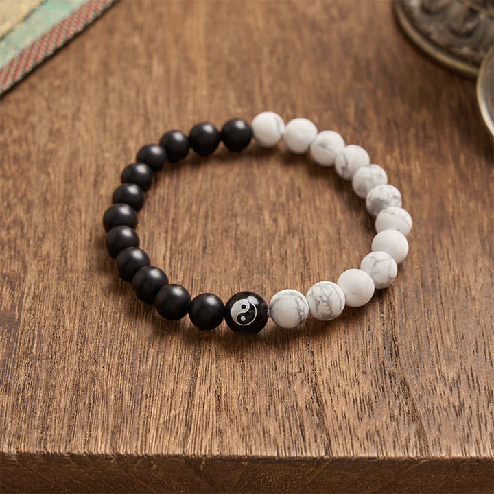 Buddha Stones Black Onyx White Turquoise Yin Yang Black Obsidian Round Bead Balance Bracelet - image 20