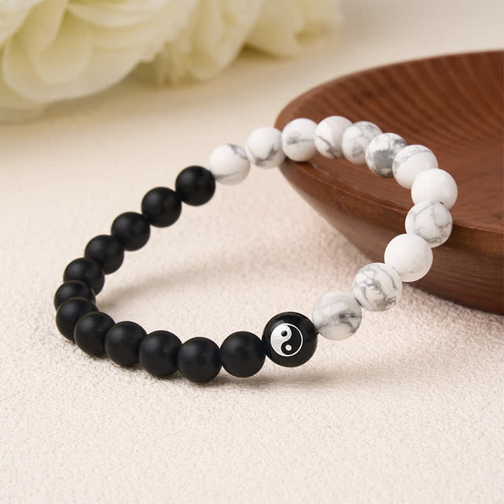 Buddha Stones Black Onyx White Turquoise Yin Yang Black Obsidian Round Bead Balance Bracelet - image 17