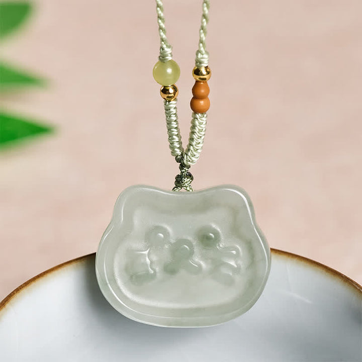 Buddha Stones Natural Jade Cat Harmony Hand-Woven Necklace - Natural Jade(Color May Vary) - image 0