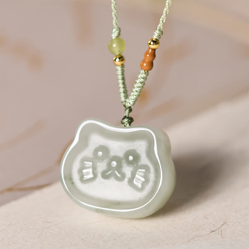 Buddha Stones Natural Jade Cat Harmony Hand-Woven Necklace - image 2