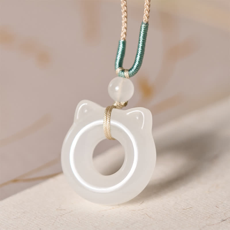 Buddha Stones Tianshan Jade Peace Buckle Cat Prosperity Pendant Necklace - Natural Jade(Color May Vary) - image 0