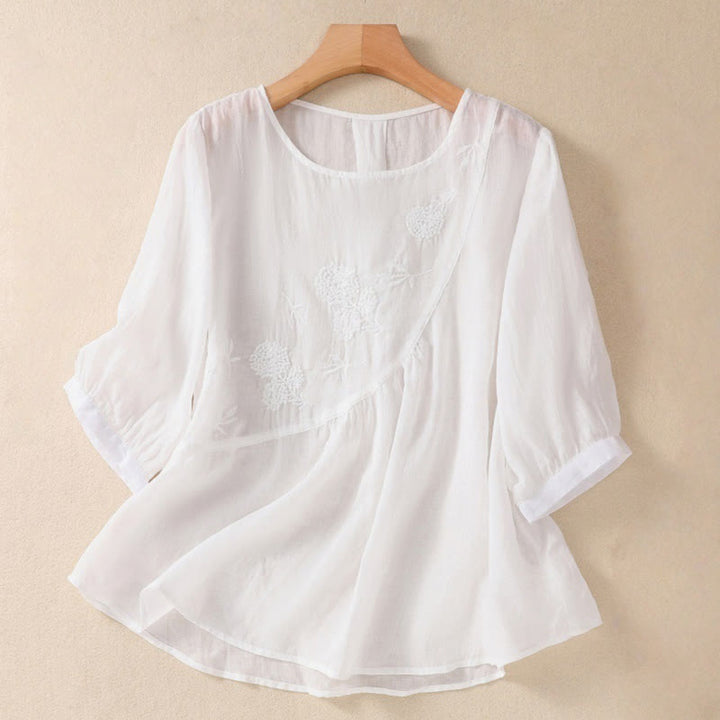 Buddha Stones Embroidered Flower Crew Neck Design Women's Half Sleeve Shirt - Snow - US8-10，UK/AU12-14，EU40-42 (2XL) - image 7
