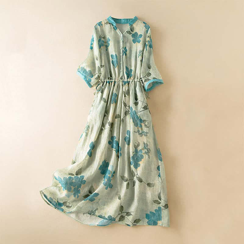 Buddha Stones Half Sleeve Color Contrast Floral Pattern Midi Dress With Pockets - LightGreen - US12，UK/AU16，EU44 (3XL) - image 0