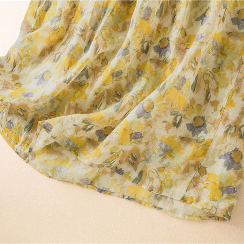 Buddha Stones Half Sleeve Color Contrast Floral Pattern Midi Dress With Pockets - image 18