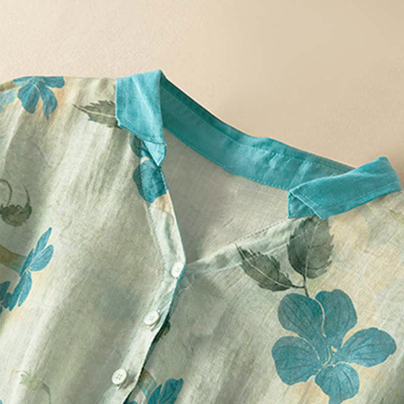 Buddha Stones Half Sleeve Color Contrast Floral Pattern Midi Dress With Pockets - image 3