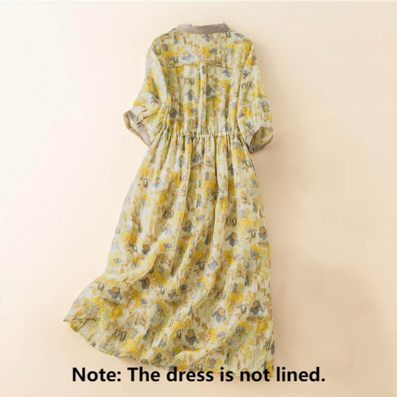 Buddha Stones Half Sleeve Color Contrast Floral Pattern Midi Dress With Pockets - image 14