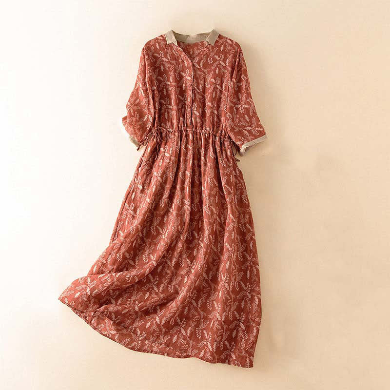 Buddha Stones Half Sleeve Color Contrast Floral Pattern Midi Dress With Pockets - FireBrick - US12，UK/AU16，EU44 (3XL) - image 19