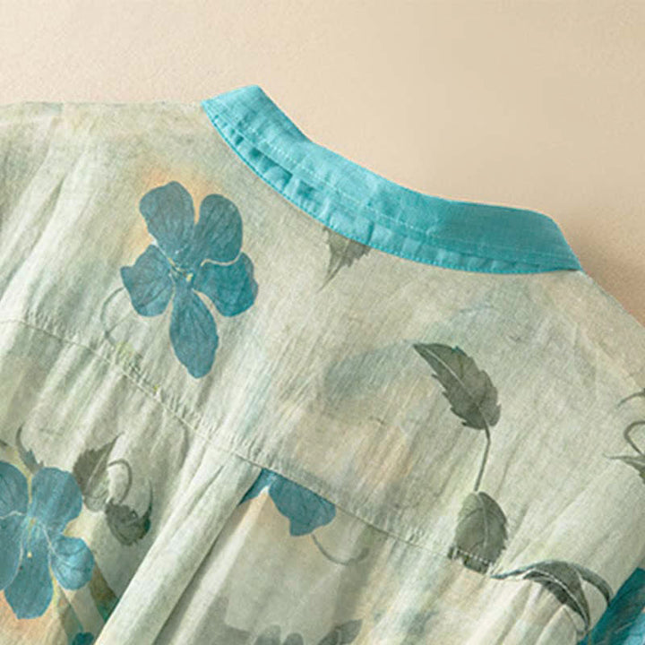 Buddha Stones Half Sleeve Color Contrast Floral Pattern Midi Dress With Pockets - image 4