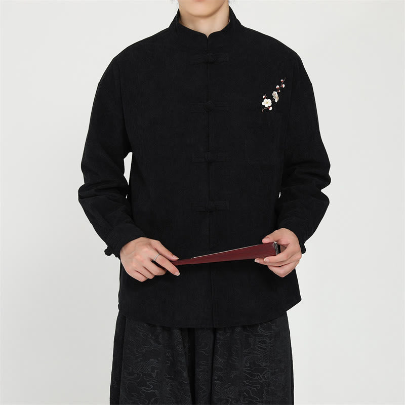 Buddha Stones Fall Winter Tang Style Vintage Frog Button Embroidery Floral Corduroy Men's Jacket With Patch Pocket - image 1