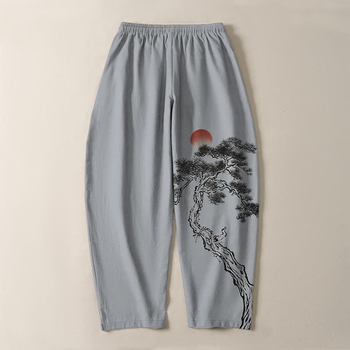 Buddha Stones Pure Cotton Ink Pine Tree Red Sun Pattern Drawstring Men's Tapered Pants With Pockets - image 10
