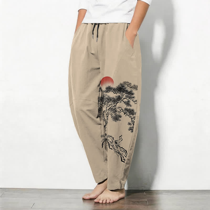 Buddha Stones Pure Cotton Ink Pine Tree Red Sun Pattern Drawstring Men's Tapered Pants With Pockets - image 12