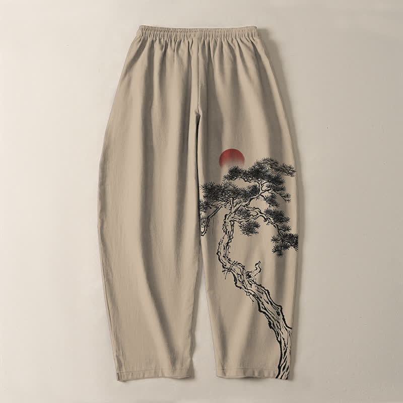 Buddha Stones Pure Cotton Ink Pine Tree Red Sun Pattern Drawstring Men's Tapered Pants With Pockets - image 14