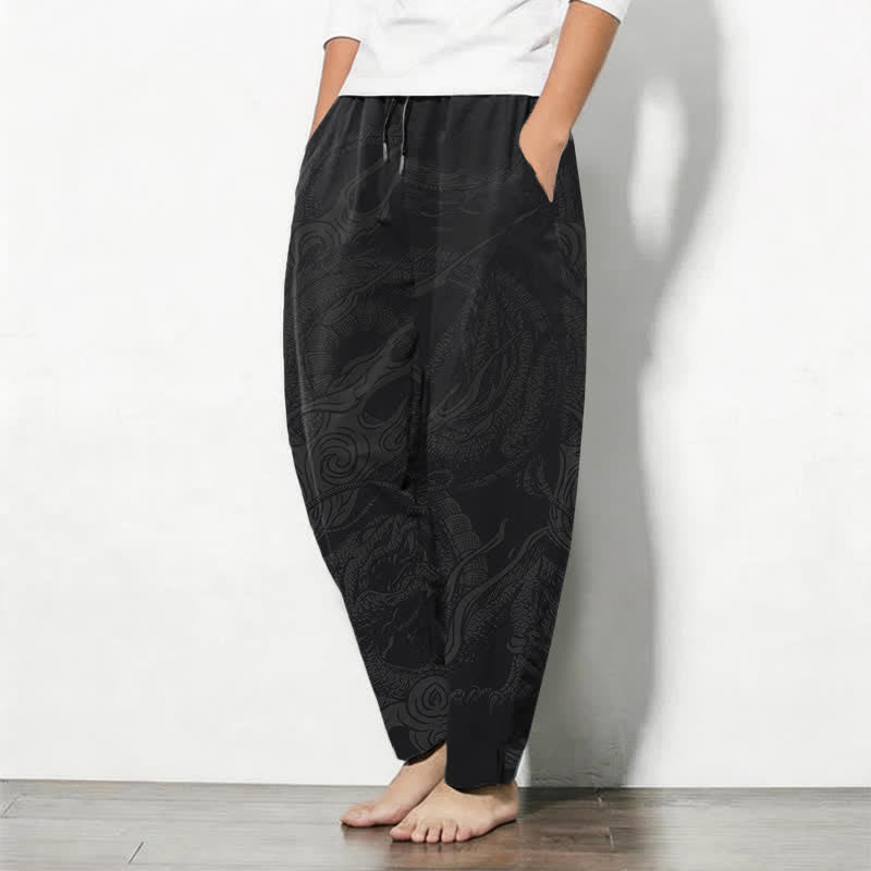 Buddha Stones Pure Cotton Mystic Dragon Wave Pattern Drawstring Men's Tapered Pants With Pockets - image 1