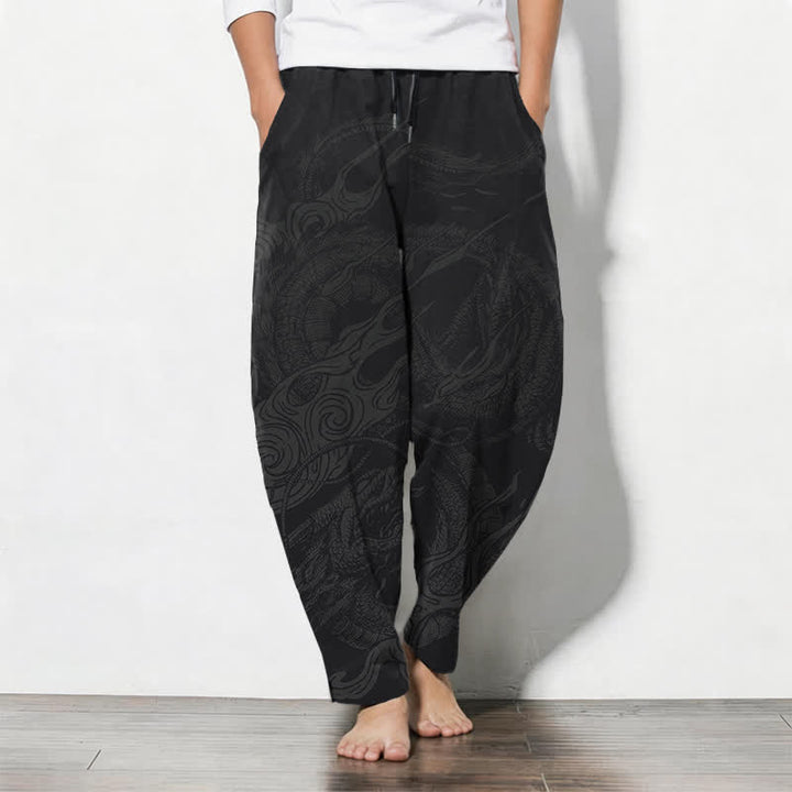 Buddha Stones Pure Cotton Mystic Dragon Wave Pattern Drawstring Men's Tapered Pants With Pockets - Black - US/UK/AU50，EU60 (5XL) - image 0