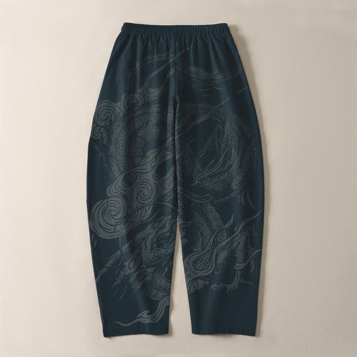 Buddha Stones Pure Cotton Mystic Dragon Wave Pattern Drawstring Men's Tapered Pants With Pockets - image 10