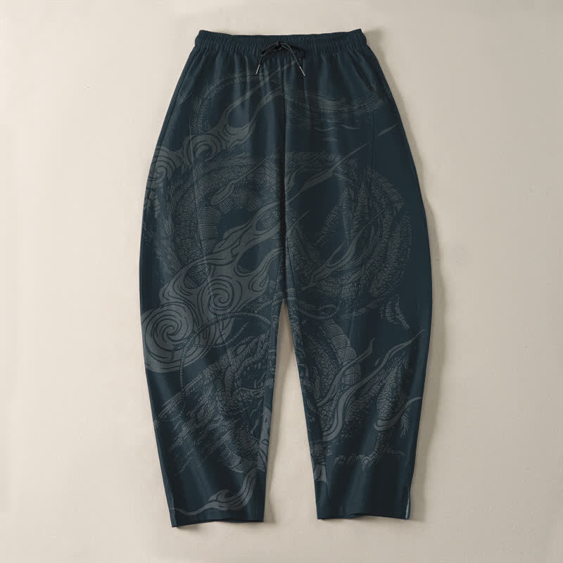 Buddha Stones Pure Cotton Mystic Dragon Wave Pattern Drawstring Men's Tapered Pants With Pockets - image 9