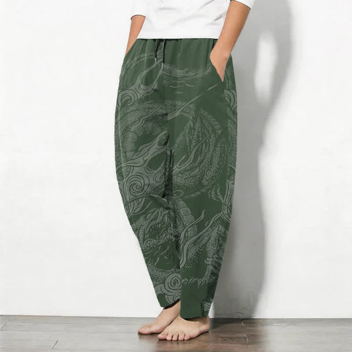 Buddha Stones Pure Cotton Mystic Dragon Wave Pattern Drawstring Men's Tapered Pants With Pockets - image 12